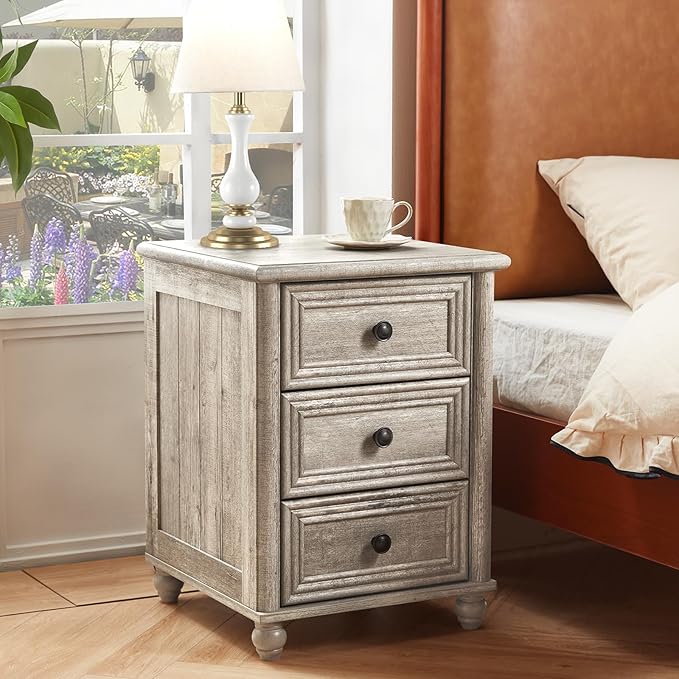 18" Farmhouse Night Stand Set of 2, Gray Wood Nightstand with 3 Drawers, Bedside End Table with Storage and Roman Column, Bed Side Tables Cabinet for Bedroom, Living Room, and Closet