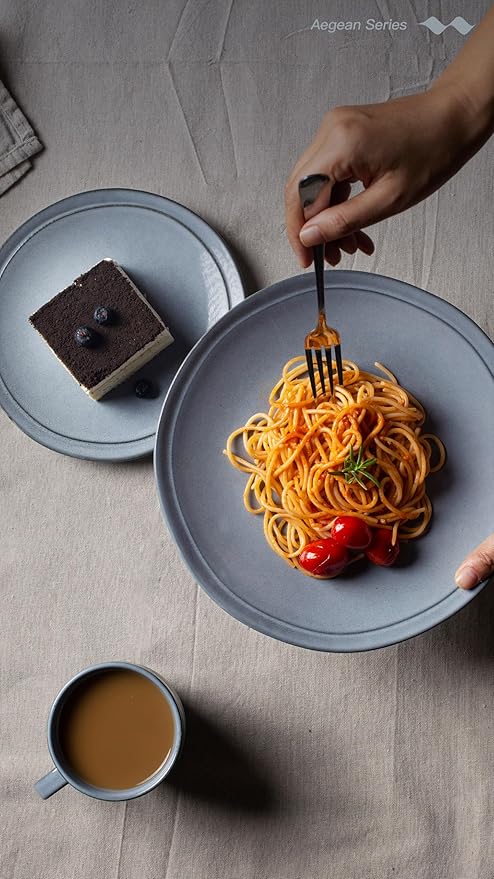 Famiware Aegean Stoneware Dinnerware Set for 8, Plates and Bowls Sets, 24 Pieces Scratch Resistant Dinner Set, Handmade Irregular Round Dishes - Microwave and Dishwasher Safe, Blue Grey