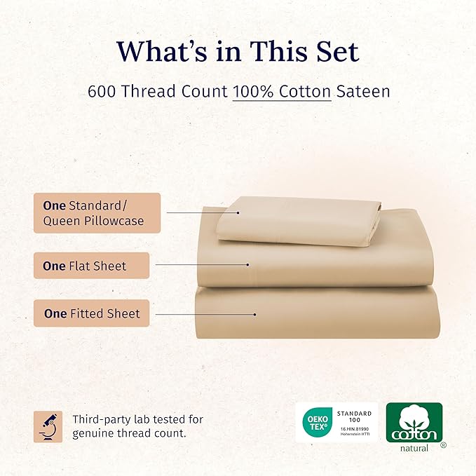 California Design Den 100% Cotton Sheet Set Twin XL, 600 Thread Count Sheets, Sateen, Soft, Cooling Twin XL Sheets, Hotel-Quality Bedding Sheets & Pillowcases (Golden Tan)