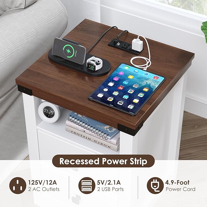 Farmhouse 2 Drawers Dresser for Bedroom, Nightstand with LED Lights, Wooden Dresser Side Table with 2 Storage Drawers, Wooden End Table for Bedroom, White