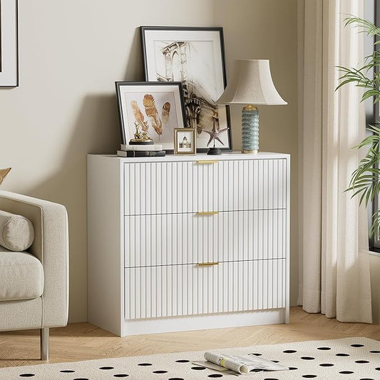 White Dresser for Bedroom, Modern Dresser with 3 Drawers and Smooth Slides, Wide Chest of Drawers with Golden Handles for Bedroom, Living Room, Closet, 15.7" D x 31.5" W x 29.6" H
