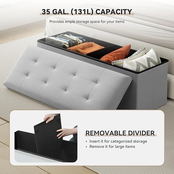 Storage Ottoman Bench, 43 Inch Ottoman Foot Rest, End of Bed Bench, Storage Chest, Load 700 lb, for Living Room, Bedroom, Entryway, Light Gray