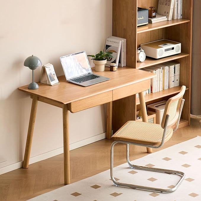 Solid Wood Desk, Mid Century Modern Home Office Desk, Computer Desk with Drawer for Writing Study Vanity 47.24" W