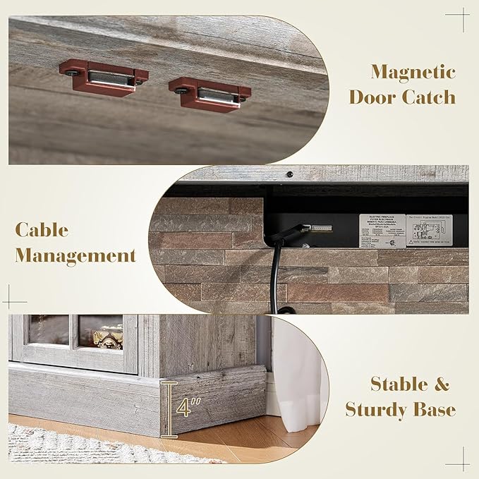 97" Farmhouse TV Stand with 33" Fireplace for TVs up to 100", Media Entertainment Center with Large Storage Cabinet and Adjustable Shelves for Living Room, Light Grey