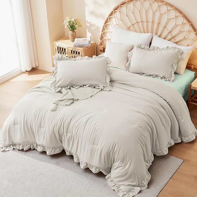 Litanika Linen Grey King Size Comforter Set, 3 Pieces Ruffle Farmhouse Aesthetic Bedding Comforter Set, All Season Soft Lightweight Fluffy Microfiber Bed Set(104x90In Comforter, 2 Pillowcases)