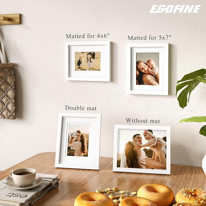 Egofine 8x10 Picture Frame Made of Solid Wood Covered by Plexiglass, Display Pictures 4x6/5x7 with Mat or 8x10 Without Mat for Table Top Display and Wall Mounting Photo Frame, White