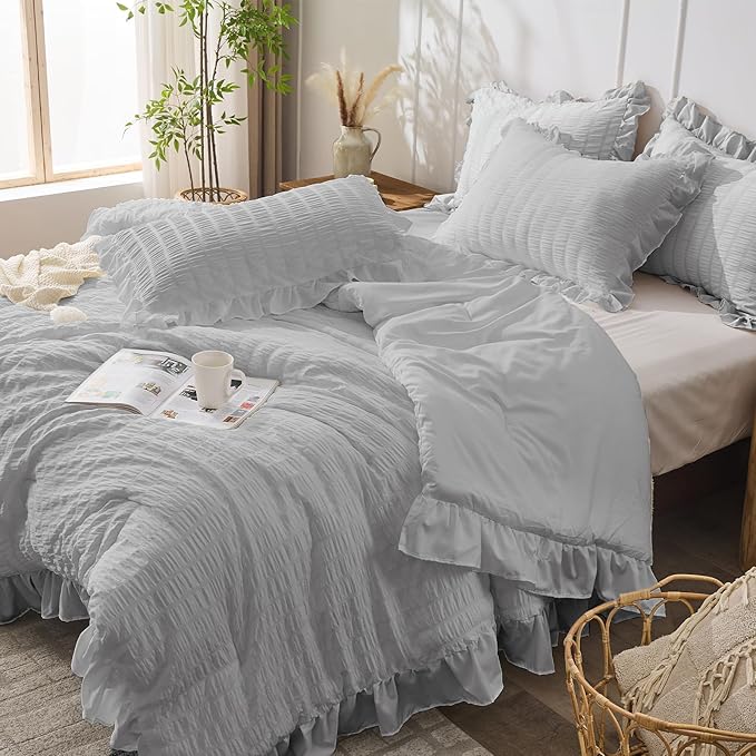 JOLLYVOGUE Light Grey Twin Size Comforter Set, 2 Pieces Seersucker Lightweight Fluffy Bedding Set, Twin Ruffle Comforter, All Season Soft Microfiber Shabby Chic Bed Set