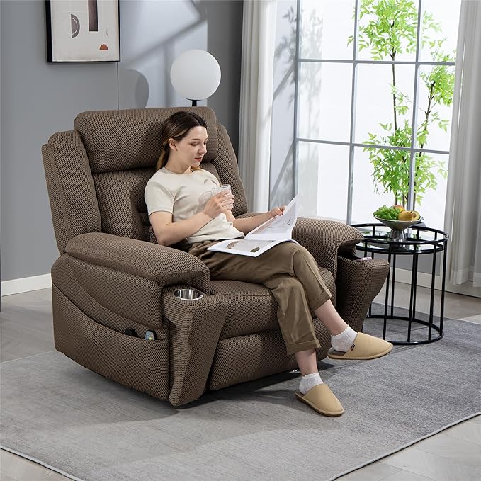 28 Inch Extra Wide Recliner Lay Flat 180°, Big Man 400lbs Oversized, Power Lift Recliner with Heat and Massage for Elderly, Large Heavy Duty Recliners with Cup Holders and Wireless Phone Charger