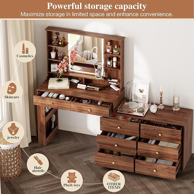 Large Makeup Vanity Desk with Mirror and Lights, Vanity Desk with 8 Drawers & Storage Shelves, Vanity Table with Power Outlet, 3 Color Modes & Adjustable Brightness Dressing Table, Bedroom,Walnut