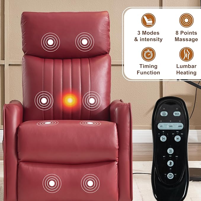 Manual Swivel Rocker Recliner Chair for Adults, Overstuffed Recliner Glider with Massage and Heat, Living Room Reclining Chair, PU Leather Red