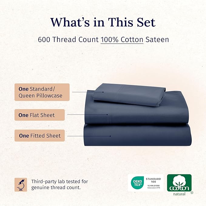 California Design Den Luxury Twin Sheet Set - 100% Cotton, 600 Thread Count Deep Pocket Twin Sheets, Soft Hotel-Quality Bedding with Sateen Weave - Royal Navy Blue