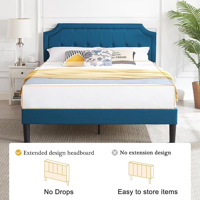 VECELO Full Size Platform Bed Frame with Fabric Upholstered Headboard and Wooden Slats Support, No Box Spring Needed/Easy Assembly,Blue