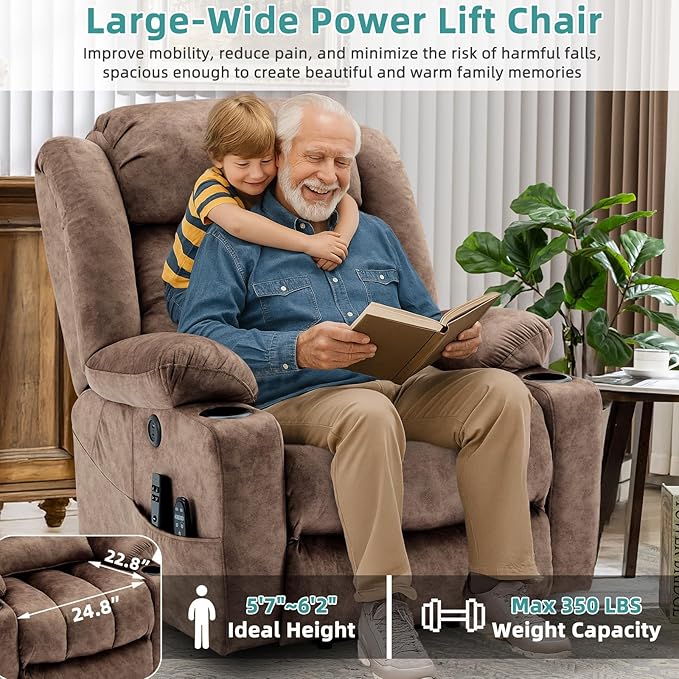 MEETWARM Oversized Dual Motor Lay Flat Power Lift Recliner Chair for Big Man with Heat Massage, Large Sleeping Electric Recliner with Extended Footrest, Lumbar Pillow, USB & Type-C Ports, Plush-Brown