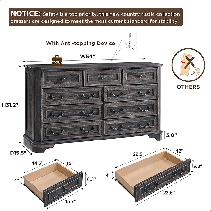 T4TREAM Farmhouse 9 Drawers Dresser for Bedroom, 54" Wide Wood Rustic Chest of Drawers with Natural Texture, Vintage Design, Storage Dressers Organizer for Bedroom, Living Room, Dark Rustic Oak