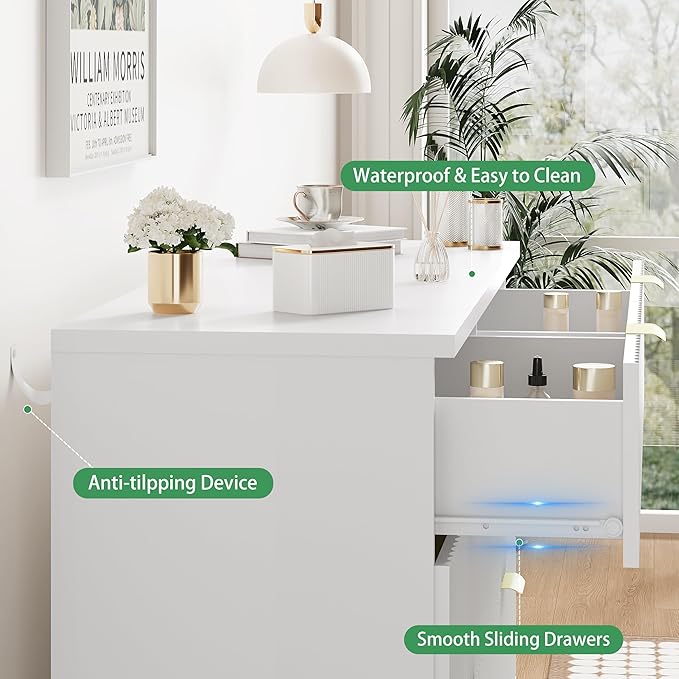 Fluted Dresser for Bedroom with 8 Drawers, 48" Wide Modern Chest of Drawers with Metal Handle, Wooden Dresser TV Stand, Wood Closet Clothes Storage Drawer Organizer for Living Room, Hallway, White