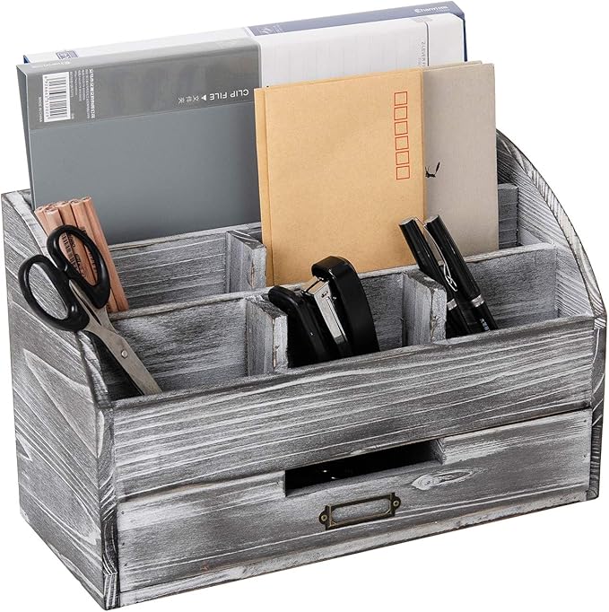 Distressed Rustic Wooden Office Desk Organizer 5 Compartment with 2 Drawer &Counter Desk Tabletop Desktop Mail Rack , Pens, Notebooks, Folders, Pencils and Office Supplies (grey)