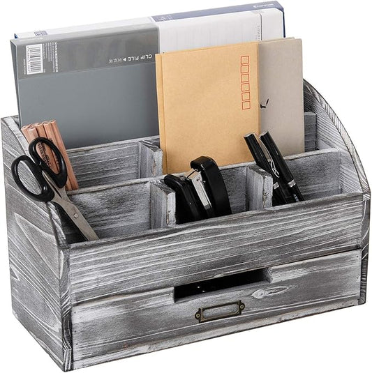 Distressed Rustic Wooden Office Desk Organizer 5 Compartment with 2 Drawer &Counter Desk Tabletop Desktop Mail Rack , Pens, Notebooks, Folders, Pencils and Office Supplies (grey)