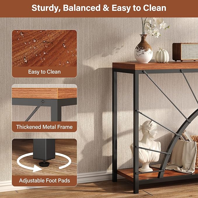 70.9 Inch Console Table, Extra Long Industrial Sofa Tables, 2-Tier Behind Couch Table, Foyer Tables for Entryway, Hallway, Living Room, Unique Design, Brown