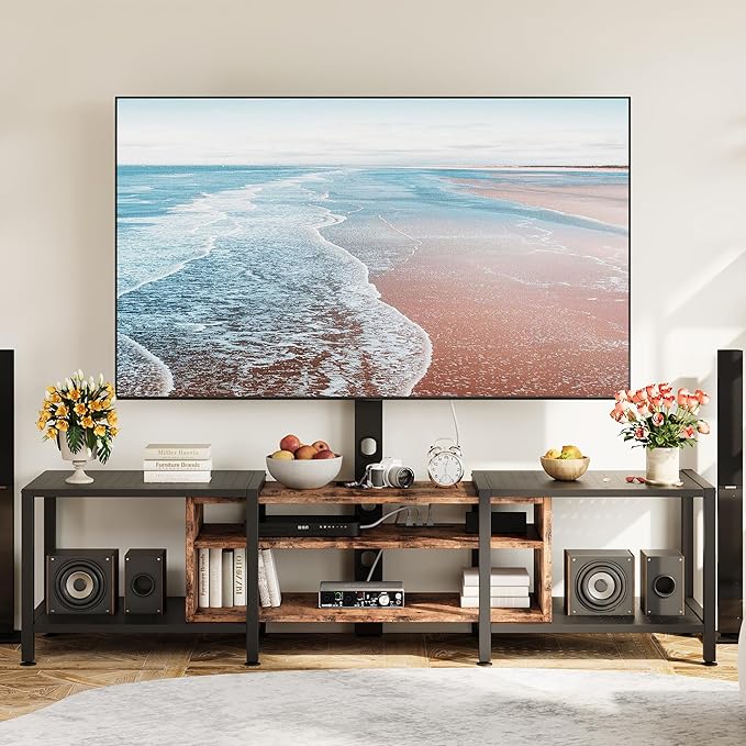 IRONCK 79 Inch TV Stand for TVs up to 85 Inch with Mount and Power Outlet, 3 Tiers TV Console with Storage Shelves, Entertainment Center, Steel Frame, for Living Room, Bedroom, Vintage Brown