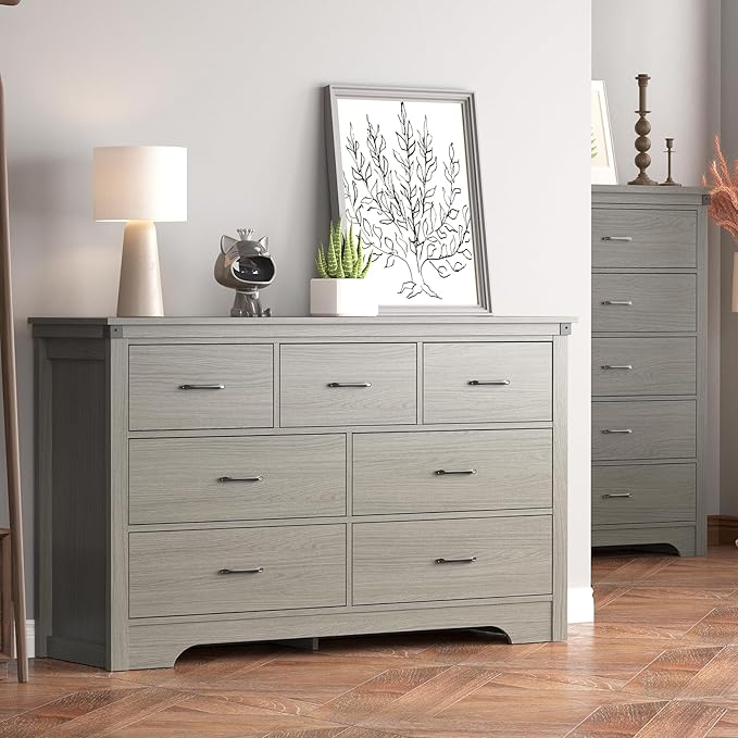 Farmhouse 7 Drawer Dresser for Bedroom, 51" Wide Chest of Drawers, Wooden Dresser TV Stand, Storage Dressers Organizer for Bedroom, Living Room, Hallway, Grey