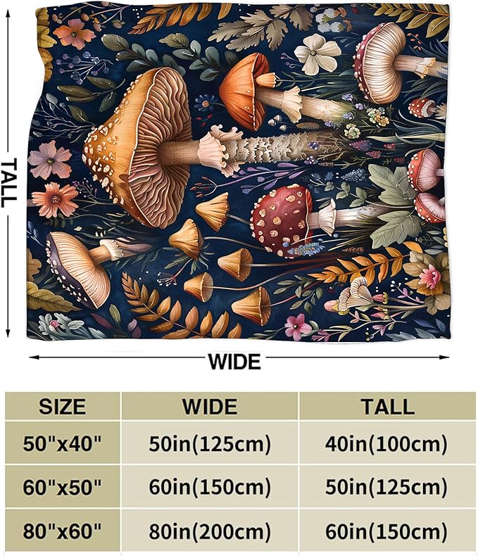 Mushroom Throw Blanket for Girls, Women, Men, Boys - Soft Warm Cozy Fleece Blanket for Couch, Sofa, Bed - Mushroom Gifts and Decor - 60"x50"