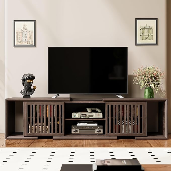 IRONCK TV Stand for TVs up to 75 Inches, Adjustable TV Stands for Living Room, Corner Entertainment Center with Open Storage Shelves, Dark Walnut