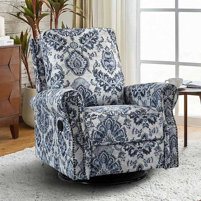 HULALA Home Modern Rocker Recliner, Printed Fabric Swivel Glider with Adjustable Backrest & Footrest, Comfy Upholstered Manual Recliner Chair Home Theater Singe Sofa for Bedroom Living Room, Damask