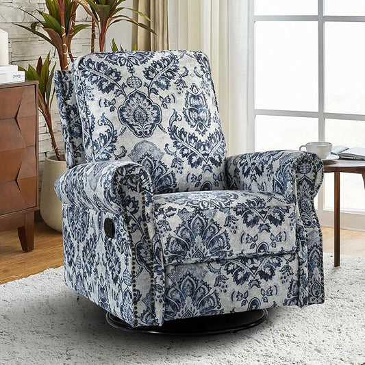 HULALA Home Modern Rocker Recliner, Printed Fabric Swivel Glider with Adjustable Backrest & Footrest, Comfy Upholstered Manual Recliner Chair Home Theater Singe Sofa for Bedroom Living Room, Damask