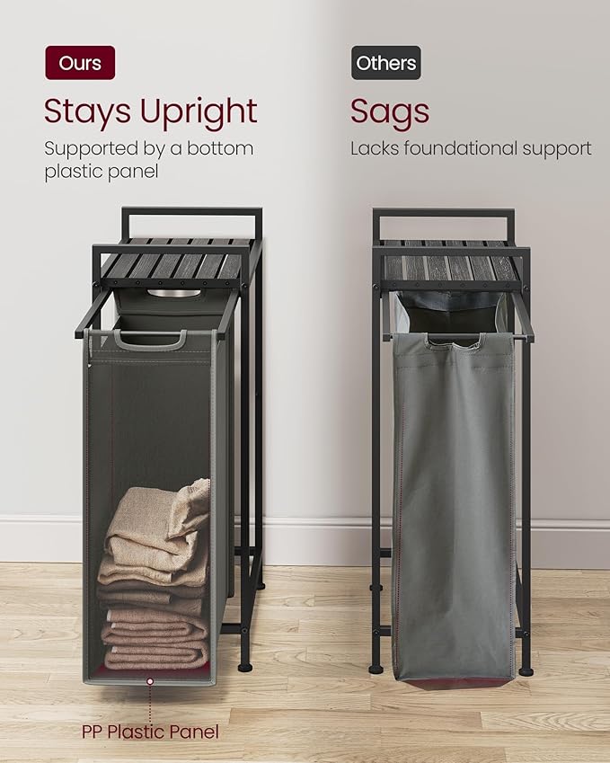 VASAGLE Laundry Hamper, Laundry Basket, Laundry Sorter with a Pull-Out and Removable Bag, Shelf, Metal Frame, 12.4 Gallons (47 L), 16.5 x 11 x 29.5 Inches, Slate Gray and Charcoal Gray UBLH001G01
