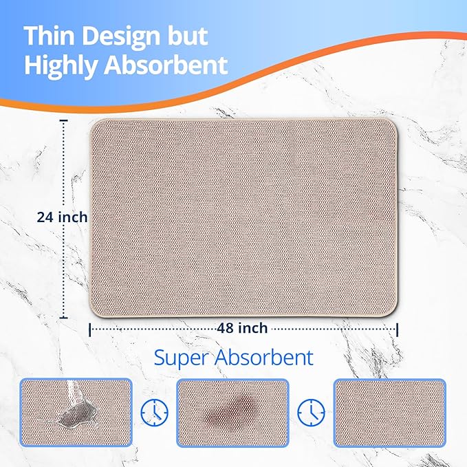 Upgraded Thin Bathroom Rugs, Bath Mat Super Absorbent, Bath Rugs Rubber Backing Non-Slip, Quick Dry Machine Washable, Cozy Cloth Bathroom Mat fit Under Door/Sink/ Bathtub/Shower/Kids 24''x48''-Biege
