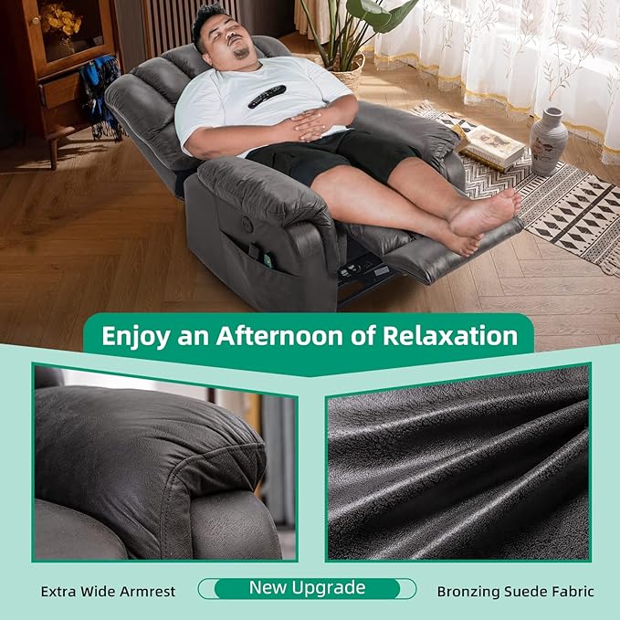 VIVIJASON Large Dual OKIN Motor Lay Flat Sleeper Lift Recliner Chair with Heat & Massage for Elderly, Infinite Position Electric Power Recliner with 2 Remote Controls, Side Pockets & USB Ports, Gray