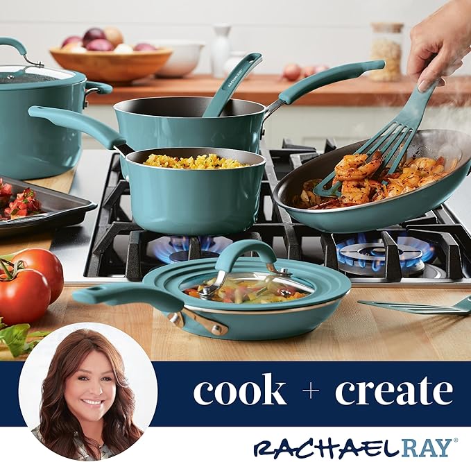 Rachael Ray Cook + Create Nonstick Saucier Pan/Saucepan, 3 Quart, Agave Blue