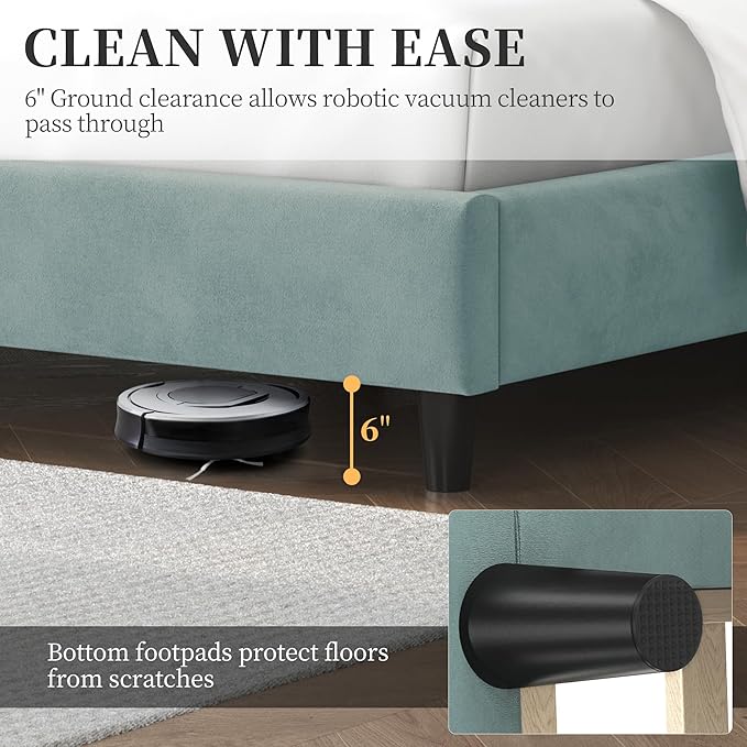 Yaheetech Queen Bed Frame Upholstered Platform Bed with Wing Side/Wooden Slat Support/Tufted Headboard with Wing Side/Mattress Foundation/No Box Spring Needed,Blue Lake Queen Bed