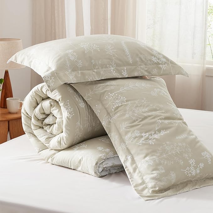 Bedsure Twin/Twin XL Comforter Set - Linen Bed Set, 2 Pieces Cute Floral Bedding, 1 Soft Reversible Botanical Flowers Comforter and 1 Pillow Sham