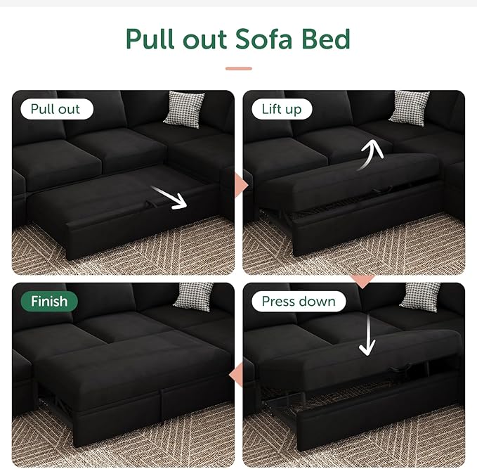 HONBAY Modular Sectional Sleeper Sofa Bed, with Pull Out Bed, Linen Convertible Sectional Couches for Living Room - Black