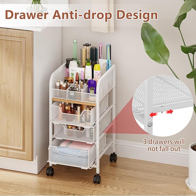 Rolling Makeup Cart Organizer with 3 Drawers, 4-Tier Narrow Floor Skincare Organizers with dividers, Vanity Organizer Cosmetics Display Cases for Makeup Brush, Hair Tool, White