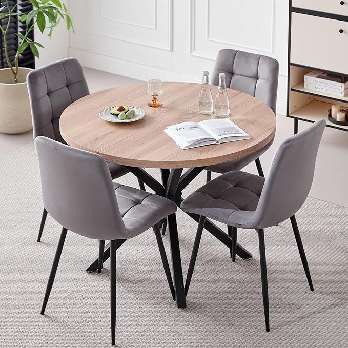 39" Round Dining Table Set for 4, Mid Century Kitchen Table with 4 Velvet Dining Chairs for Apartment Living Room Space Saving
