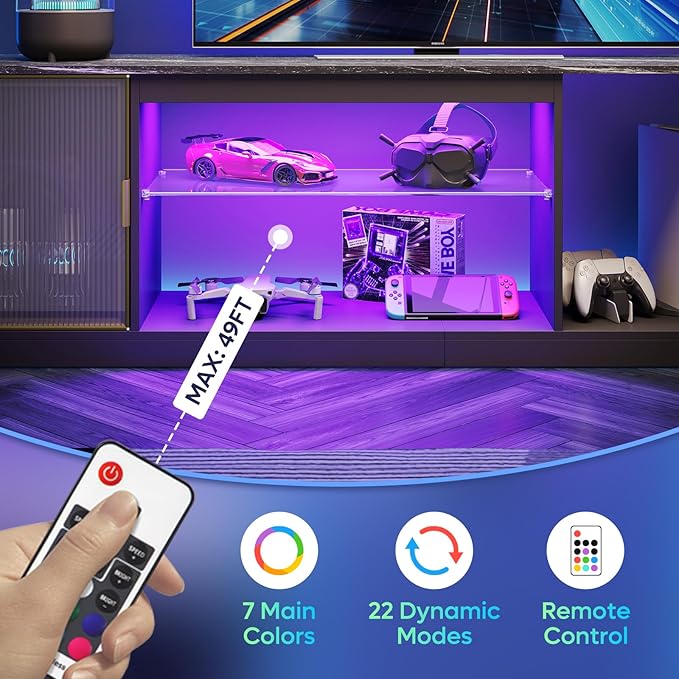 Bestier Gaming TV Stand for TVs up to 80 inch, 70 inch LED Entertainment Center with Adjustable Glass Shelf & Translucent Doors Storage Cabinet for PS5, Modern TV Console for Living Room, Black Marble