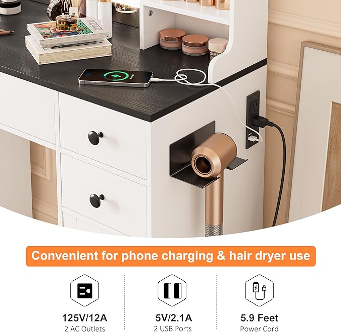 KAMABOKO Vanity Desk with Mirror & LED Lights & Power Outlet, Large Makeup Vanity Table with 6 Drawers and 4 Storage Cabinets, Dressing Table for Bedroom (White&Black)