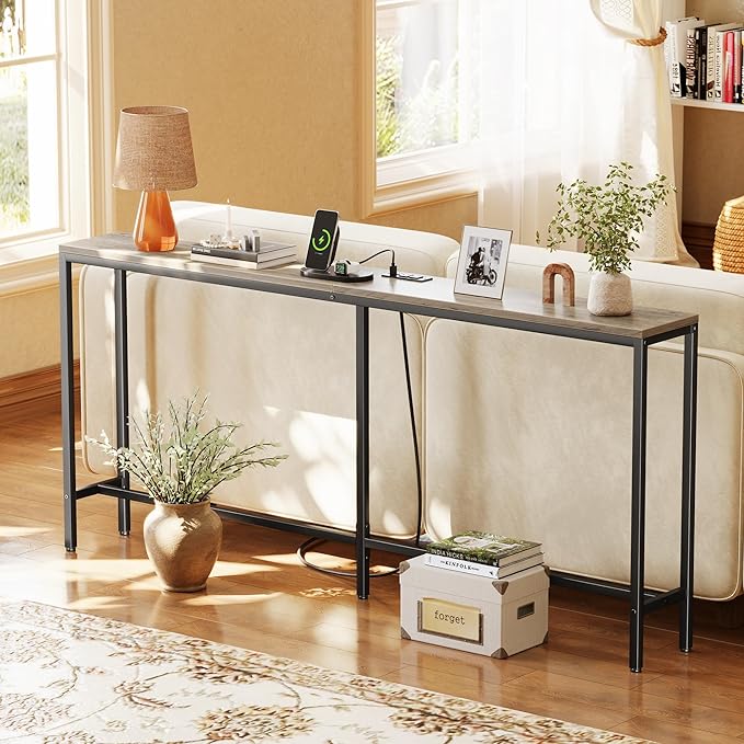 SUPERJARE 70 Inch Console Table with Outlet, Narrow Entryway Table for Living Room, Oak