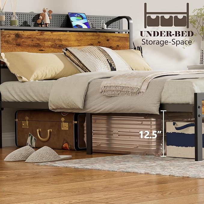 Furnulem Queen Bed Frame with Charging Station and LED Lights,Industrial Platform Beds Queen Size with Storage Headboard,USB Port,Rustic Wood and Strong Metal Support,No Box Spring Needed, Noise Free