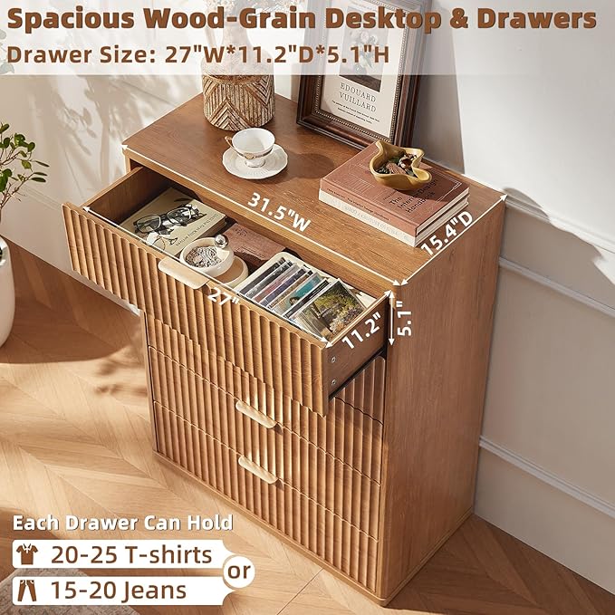 LEYAOYAO Fluted 5 Drawers Dresser for Bedroom Set of 2, 41" Tall Modern Chest of Drawers with Metal Handle, Curved Profile Design,Brown Wood Drawer Organizer for Bedroom, Living Room, Hallway