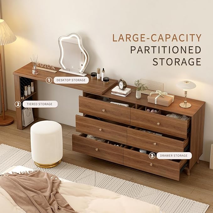 Vanity Desk with Mirror and Lights for Bedroom Furniture, Makeup Table and Chair Stool Set for Girls' Vanities,Dressing Table with A 6-Drawer Dresser and 3 Color Lighting Modes