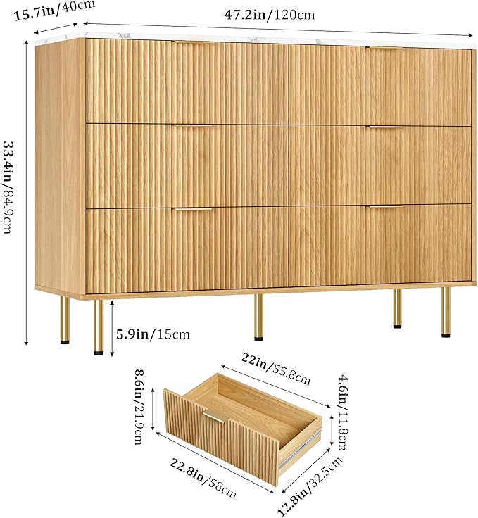 GarveeHome Fluted 6 Drawers Dresser for Bedroom, Modern Chest of Drawers, Tall Brown Dresser with Faux Marble Top and Gold Handle, Wood Drawer Organizer for Bedroom, Living Room, Hallway, Entryway