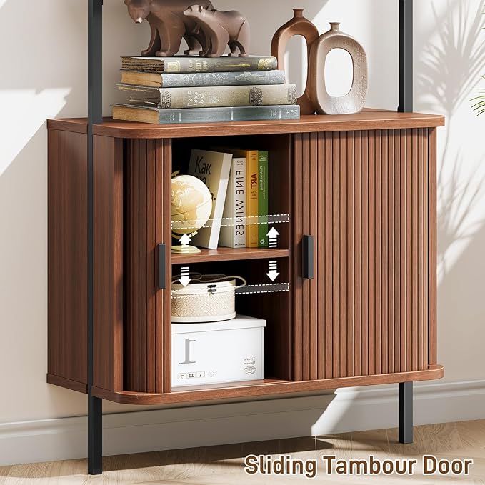 72" Tall Fluted Bookshelf, 4-Tier Open Display Ladder Shelf with Sliding Tambour Doors, Modern Wall Mounted Bookcase Cabinet with Metal Frame for Living Room, Bedroom, Home Office, Walnut