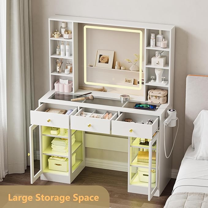 Vanity Desk with Mirror and Lights, White Makeup Vanity with Glass Top & Drawers, 3 Lighting Modes, Power Outlet, RGB Glass Cabinets, Modern Dressing Table for Bedroom, Girls, Women, Teens