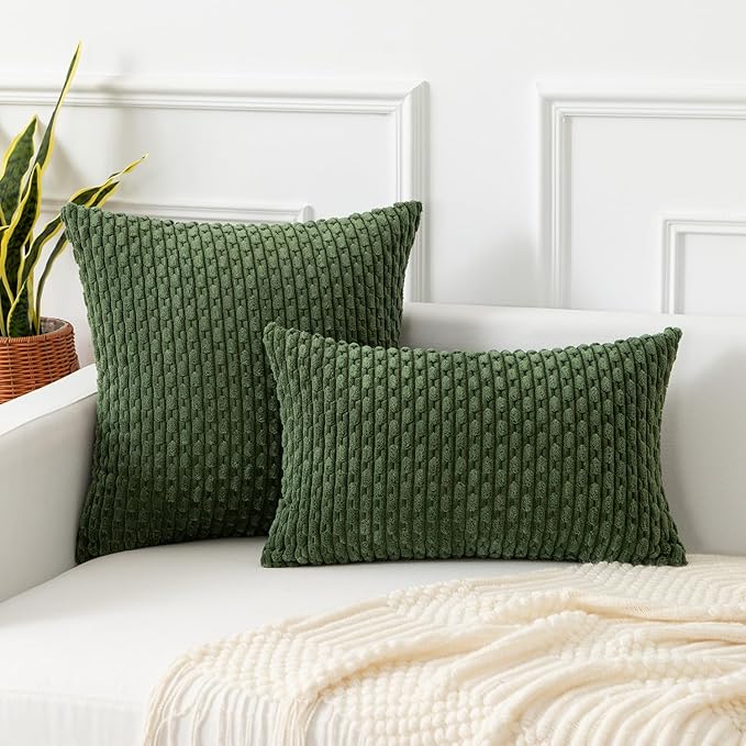 Kevin Textile Throw Pillow Covers Soft Corduroy Decorative Set of 2 Boho Striped Pillow Covers Pillowcases Farmhouse Home Decor for Couch Bed Sofa Living Room 20x20 Inch Moss Green