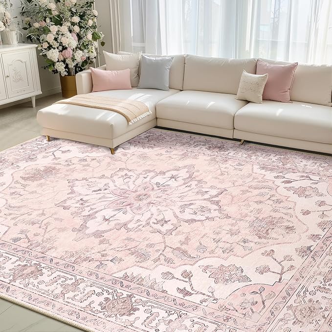 Area Rugs 10'x14' Washable Non-Slip, Floral Vintage Distress Print Pattern Medallion Carpet for Living Room Bedroom Dining Room, Pink Greypink Cute