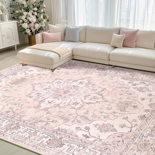 Area Rugs 8'x10' Washable Non-Slip, Floral Vintage Distress Print Pattern Medallion Carpet for Living Room Bedroom Dining Room, Pink Greypink Cute