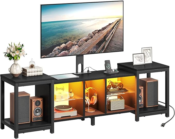 YITAHOME TV Stand with Mount for Living Room, Black Modern TV Stand for 70inch TV with Power Outlet & LED Lights, LED Entertainment Center, Gaming TV Console Cabinet, Black Carbon Fiber